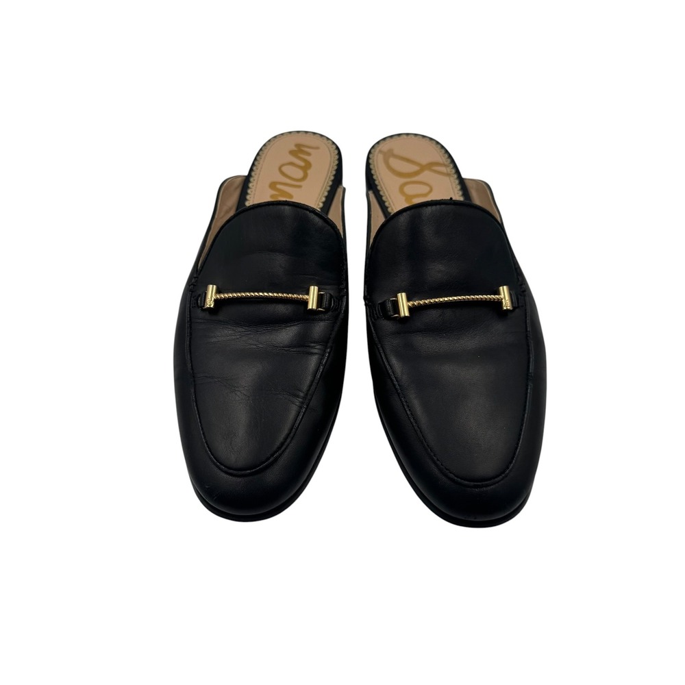 Sam Edelman Linnie Black Leather Bit Mules Backless Loafers Gold Hardware 8M
